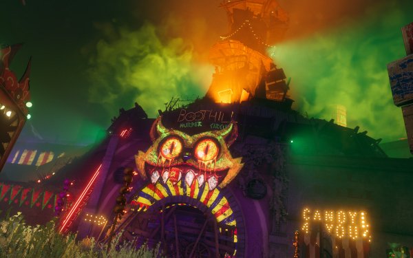 HD wallpaper of Saints Row (2022) featuring a vibrant night scene with eerie lighting and carnival attractions.