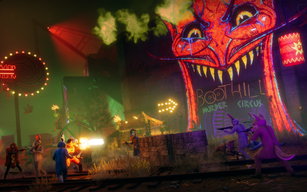 HD wallpaper of Saints Row (2022) featuring vibrant carnival scene with dynamic characters and menacing dragon decoration.