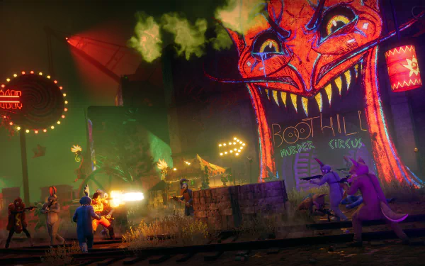 HD desktop wallpaper from Saints Row (2022) featuring a vibrant circus scene with characters in action and a large, menacing neon dragon decoration.