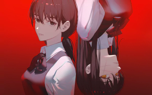 HD anime desktop wallpaper featuring Asa Mitaka and the War Devil from Chainsaw Man against a red background.