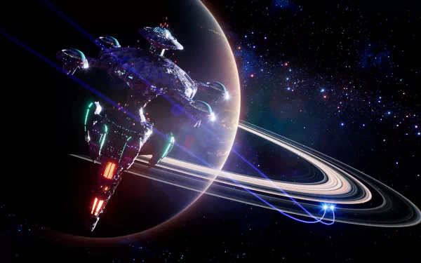 HD desktop wallpaper from the System Shock (2023) video game featuring a futuristic spaceship orbiting a ringed planet against a starry sky backdrop.