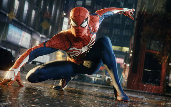 HD desktop wallpaper from Marvel's Spider-Man Remastered video game featuring Spider-Man in action on a rainy city street.