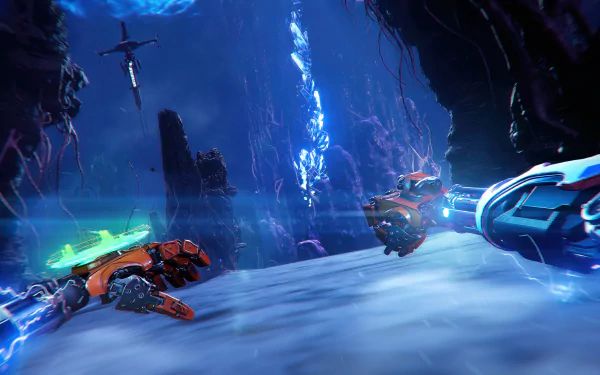HD desktop wallpaper from the video game Stormland, featuring robotic hands and striking blue lightning in a mysterious cavern.