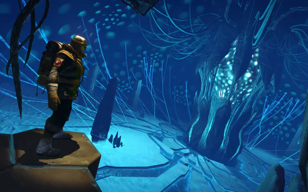 HD desktop wallpaper featuring a scene from the video game Edge of Nowhere, depicting an explorer in a mystical, icy cave with glowing blue tendrils.