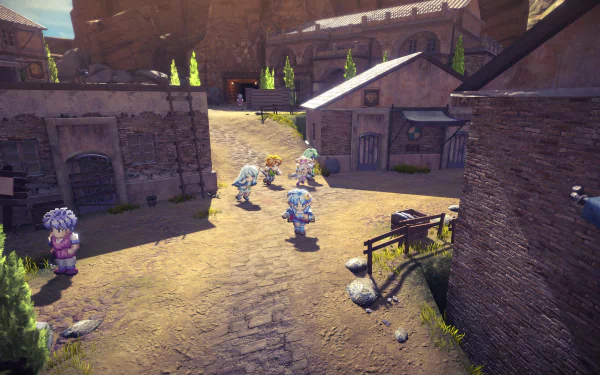 A vibrant HD desktop wallpaper from Star Ocean: The Second Story R, showcasing colorful characters exploring a charming village setting with rustic buildings and natural scenery.