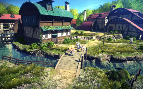 HD wallpaper of a vibrant village from Star Ocean: The Second Story R, featuring quaint houses, a serene river, and characters exploring the idyllic landscape.