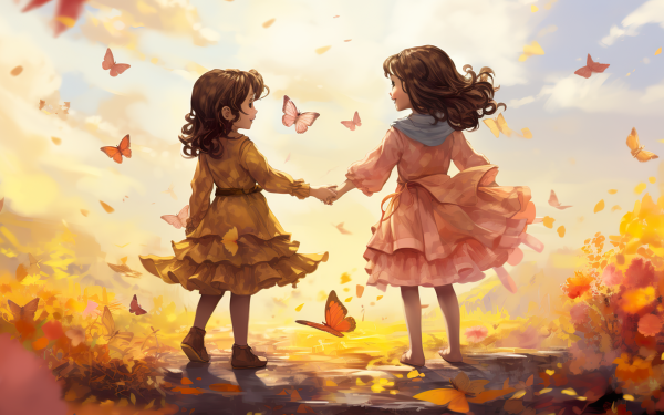 HD wallpaper of watercolor illustration featuring two friends amidst a whimsical butterfly-filled landscape for a desktop background.