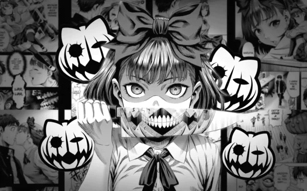 4K Ultra HD PC desktop wallpaper - Pumpkin Night anime girl: eerie schoolgirl with big bow and skeletal toothy mask, floating jack-o'-lanterns against a manga-panel background.