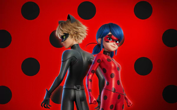 4K Ultra HD desktop wallpaper from Miraculous: Ladybug & Cat Noir — The Movie showing Ladybug and Cat Noir standing back-to-back on a red, black-polka-dotted background.