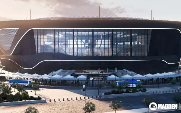 HD desktop wallpaper featuring the exterior of a stadium from Madden NFL 24, capturing a stunning modern architectural design.