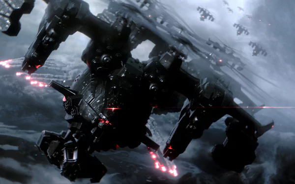 HD wallpaper from Armored Core VI: Fires of Rubicon featuring a detailed mech in battle with laser weapons, set against a moody, cloudy backdrop.