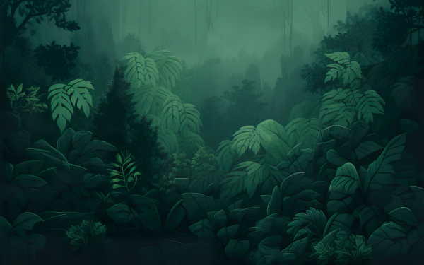 HD Desktop Wallpaper of a Misty Green Leaf Forest Aesthetic with a Moody Green Palette