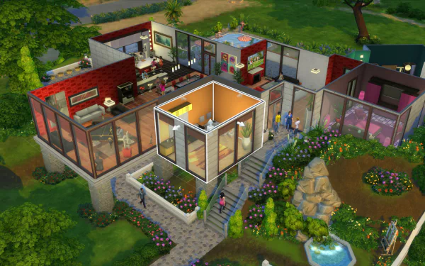 HD desktop wallpaper featuring a detailed view of a vibrant, multi-room house from The Sims 4, surrounded by lush gardens and pathways.