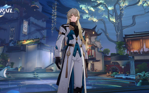 HD desktop wallpaper featuring Luocha from Honkai: Star Rail, posed against a vibrant, futuristic cityscape at night.