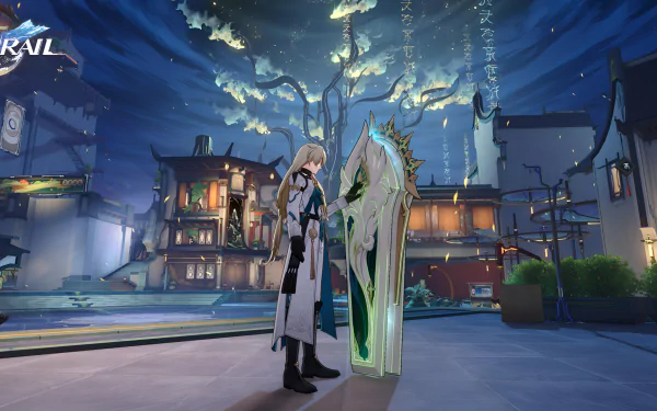 HD desktop wallpaper from Honkai: Star Rail featuring character Luocha standing beside an ornate structure, against a backdrop of a starlit fantasy town.