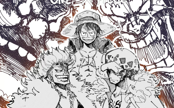 4K Ultra HD anime wallpaper featuring One Piece characters Eustass Kid, Monkey D. Luffy, and Trafalgar Law in a dynamic, sketch-style illustration.