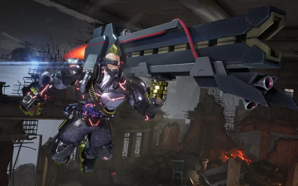 HD desktop wallpaper featuring Jack from Tekken 8, depicted in dynamic combat action in a war-torn urban setting.