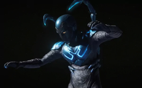 4K Ultra HD PC wallpaper of the Blue Beetle movie character in a dark, futuristic armored suit with glowing blue accents against a black background.