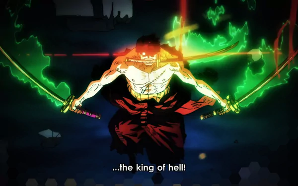 Roronoa Zoro from One Piece strikes a fierce pose, wielding two swords against a vibrant, mystical background, embodying the spirit of a warrior in this HD anime wallpaper.