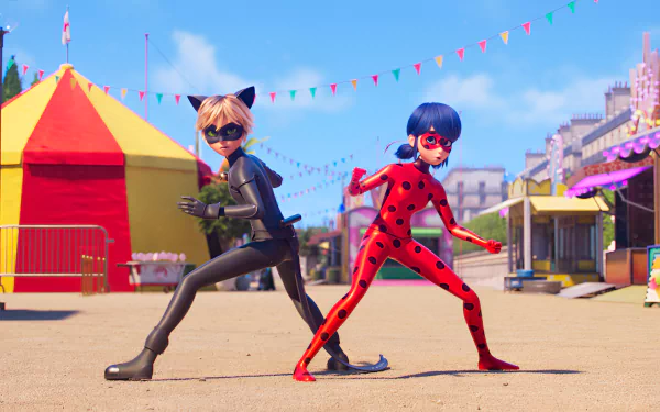 HD wallpaper featuring Ladybug and Cat Noir ready for action, from Miraculous: Ladybug & Cat Noir, The Movie, set against a festive circus background.