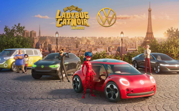 HD wallpaper featuring characters from Miraculous: Ladybug & Cat Noir, The Movie, posing with stylized cars against a backdrop of the Eiffel Tower.