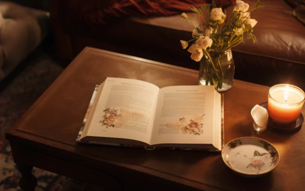 HD wallpaper featuring a cozy reading nook with an open book on a wooden table, accompanied by a vase of fresh flowers and a lit candle, creating a warm, tranquil ambiance.