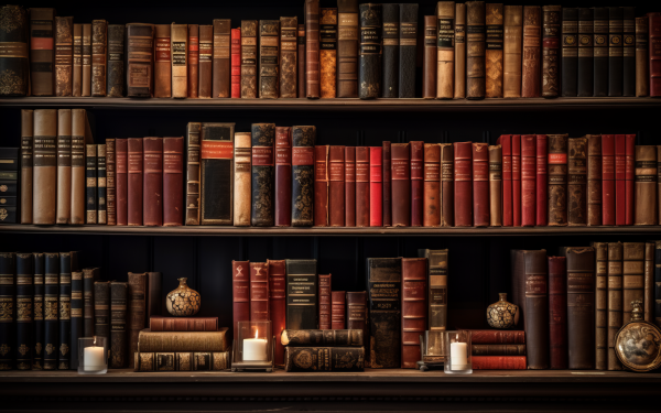HD desktop wallpaper featuring a collection of classic books on wooden shelves, ideal for bibliophiles and literary-themed backgrounds.