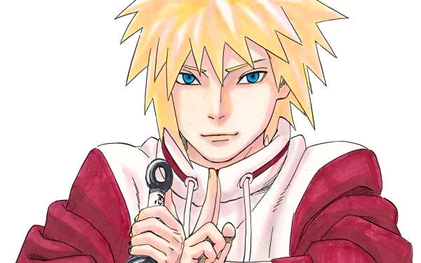 HD desktop wallpaper featuring Minato Namikaze from the anime Naruto, dressed as the Hokage in a red and white robe, with a confident expression.