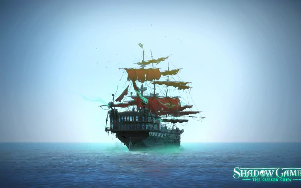 HD desktop wallpaper from Shadow Gambit: The Cursed Crew, featuring a mystical ghost ship glowing in eerie light on a calm sea.