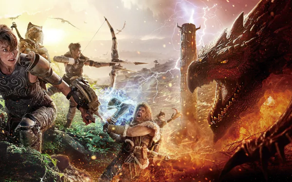 HD PC desktop wallpaper from the Monster Hunter movie: armored hunters fire arrows and magic at a massive roaring dragon amid lightning, smoke and molten fire.