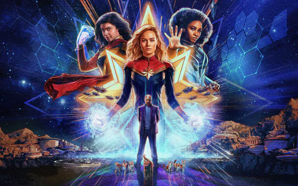 4K Ultra HD desktop wallpaper featuring characters from the movie The Marvels, with vibrant cosmic and action-packed visuals.