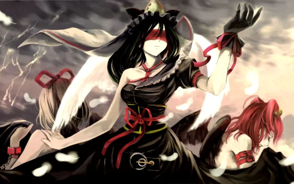 HD PC desktop wallpaper: Touhou anime scene featuring Medicine Melancholy, Komachi Onozuka and Shikieiki Yamaxanadu in dark flowing dresses, red ribbons and falling petals beneath a stormy sky.