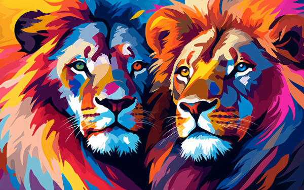 Colorful pop art style HD wallpaper featuring two lions.