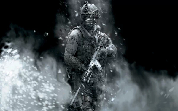 A dramatic HD wallpaper featuring a soldier from Call of Duty: Modern Warfare 2, set against a smoky, intense backdrop, embodying the game's gritty atmosphere.