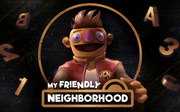 HD desktop wallpaper from My Friendly Neighborhood video game, featuring a cartoonish male character with goggles, holding a wooden token, with letters and numbers floating in the background.
