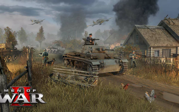 HD desktop wallpaper of Men of War II featuring an intense battlefield scene with tanks and soldiers amidst rural houses under a smoke-filled sky.