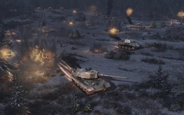 HD wallpaper featuring a Men of War II night-time battle scene with tanks and explosions for desktop background.