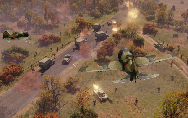 High-definition desktop wallpaper of Men of War II game featuring a dynamic battlefield scene with a military airplane, vehicles, and autumn foliage.