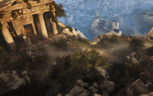 Titan Quest II HD desktop wallpaper featuring ancient temple ruins overlooking a valley.
