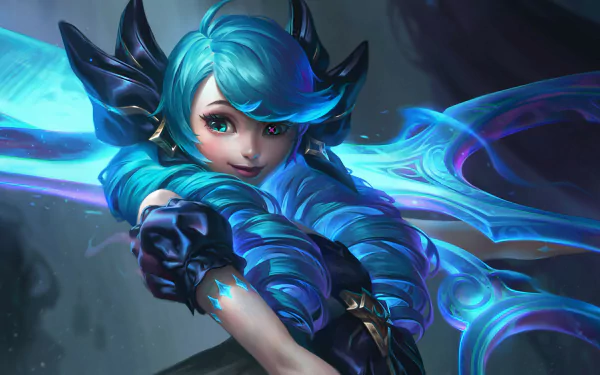 A vibrant HD wallpaper featuring Gwen from League of Legends, showcasing her striking blue hair and ornate weaponry against a dynamic background.