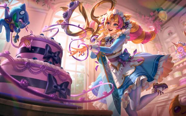 HD desktop wallpaper featuring Gwen from League of Legends, depicted in a vibrant, whimsical setting with a large, ornate cake and playful colors.