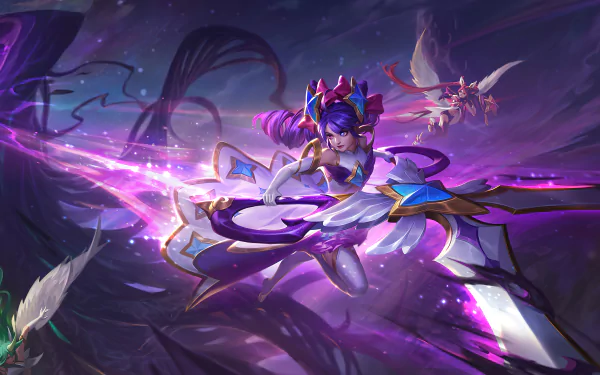 HD desktop wallpaper featuring Gwen from League of Legends, depicted with dynamic magical abilities in a vivid, mystical setting.