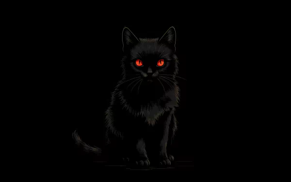 HD desktop wallpaper featuring a black cat with glowing red eyes on a dark background.