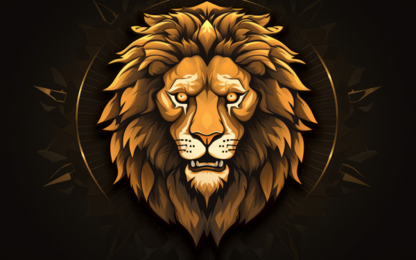 HD wallpaper of a stylized lion's head with a majestic mane against a dark background, perfect for desktop wallpaper and background use.
