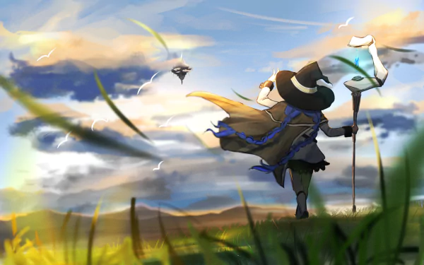 HD PC desktop wallpaper featuring Roxy Migurdia from the anime Mushoku Tensei: Jobless Reincarnation, standing in a field under a dynamic sky with magical effects.