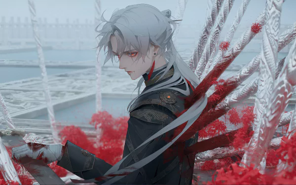 HD PC desktop wallpaper featuring Blade from the video game Honkai: Star Rail, set against a striking background of white and red tones.