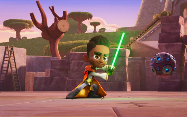 HD desktop wallpaper featuring an animated young Jedi with a green lightsaber from Star Wars: Young Jedi Adventures series.