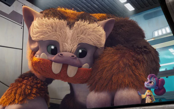 HD desktop wallpaper from Star Wars: Young Jedi Adventures featuring a cute, furry creature interacting with a small character in a colorful, playful setting.