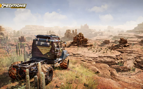 HD desktop wallpaper featuring an off-road vehicle from Expeditions: A MudRunner Game, set against a rugged desert landscape with rock formations.
