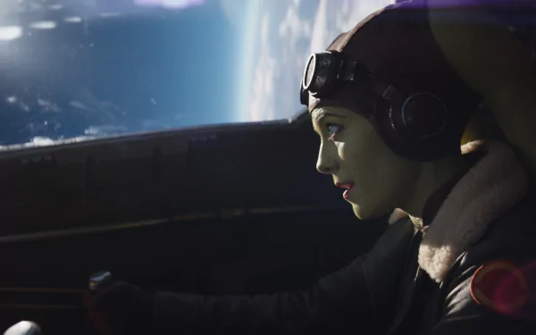 Hera Syndulla piloting her ship with a view of a distant planet, from the TV show Ahsoka (2023). An engaging HD wallpaper that captures her leadership and determination.